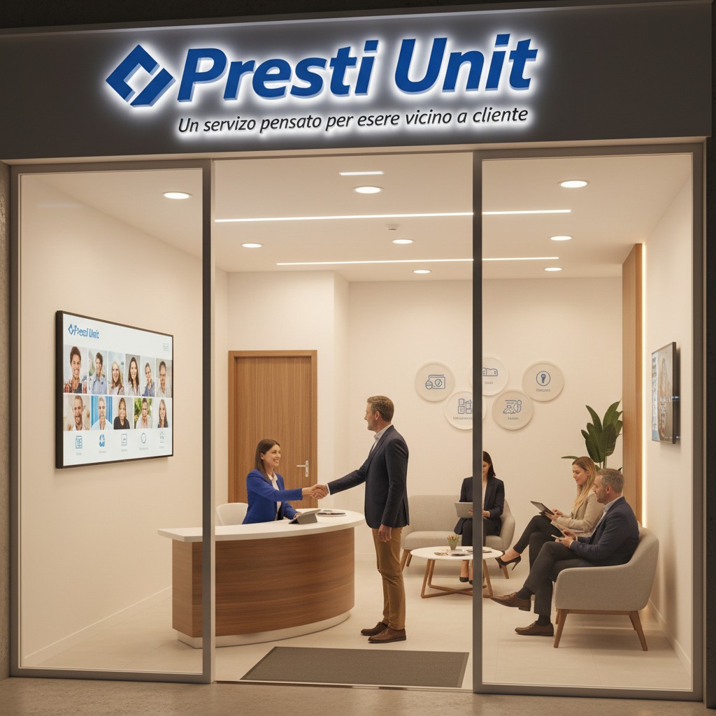 Un consulente stringe la mano a una cliente presso la reception di un ufficio moderno con persone in attesa nell'area lounge.