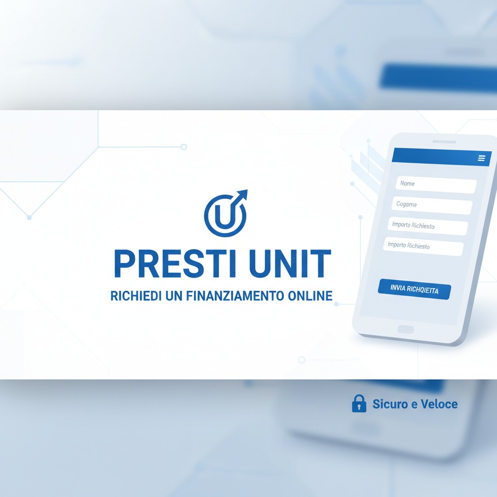 Logo di Presti Unit con un modulo di richiesta finanziamento online visualizzato su uno smartphone.